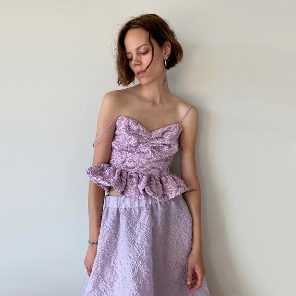 NWT Zara soft pink purple metallic peplum ruched top XS - Picture 2 of 8